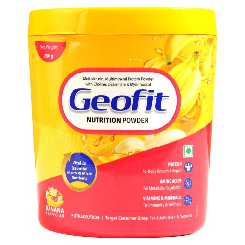 Geofit Banana Flavoured Protein Powder Enriched With Multivitamin, Multimineral , Choline, L-Carnitine & Myo-Inositol, Helps To Support Nutritional Requirement of Body -250g