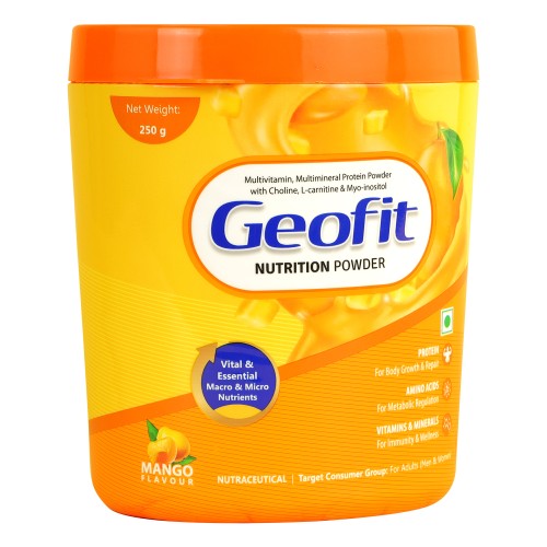 Geofit Mango Flavoured Protein Powder Enriched with Multivitamin, Multimineral , Choline, L-Carnitine  & Myo-Inositol, Helps to Helps to Support Nutritional Requirement of Body -250g