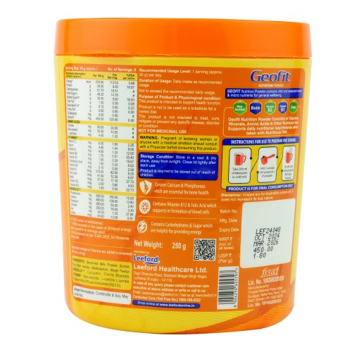 Geofit Mango Flavoured Protein Powder Enriched with Multivitamin, Multimineral , Choline, L-Carnitine  & Myo-Inositol, Helps to Helps to Support Nutritional Requirement of Body -250g