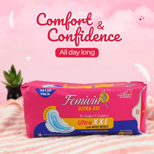 Femivin Ultra XXL Sanitary Pads for Women with Wide Wings for long lasting protection & 3X More Absorbtion - 8 Pads